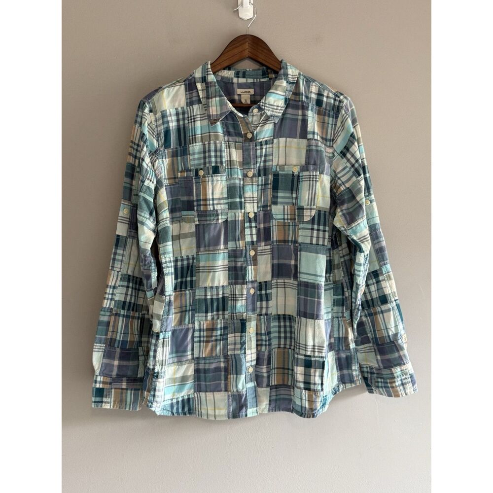 LL Bean Madras Plaid Button Shirt Patchwork Roll Tab Sleeve Country Cottage XL - Picture 7 of 16